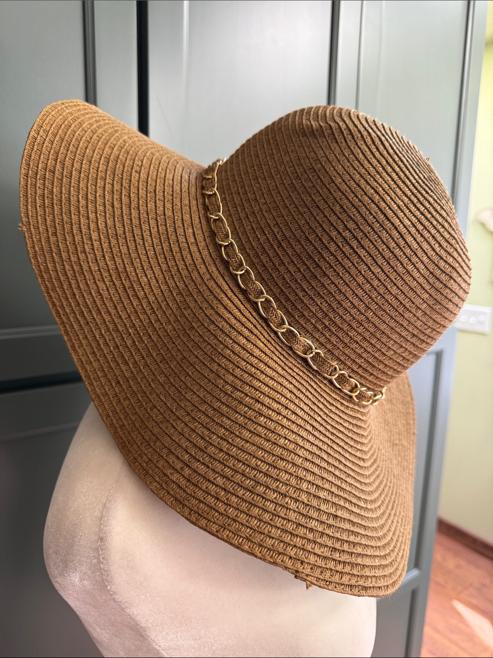 Women’s Tan Wide Brim Sun Hat with Gold Chain Detail